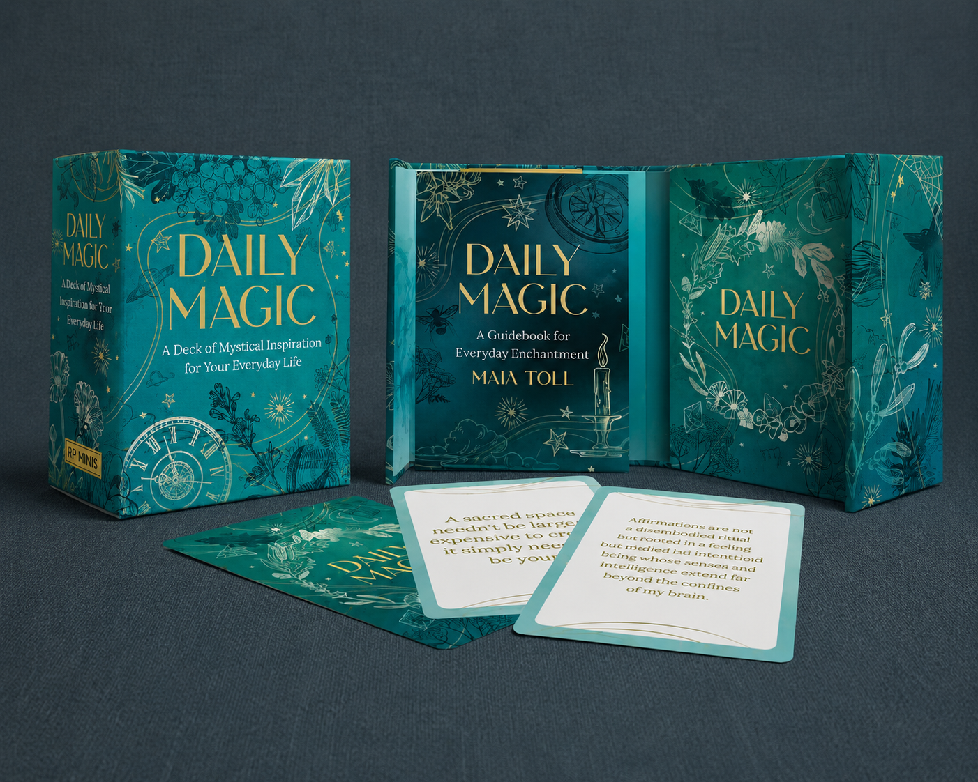 Daily Magic: A Deck of Mystical Inspiration for Your Everyday Life by Maia Toll featuring the magnetic-closure box, guidebook, and inspiration cards displayed together. — for Carpe Diem Dream