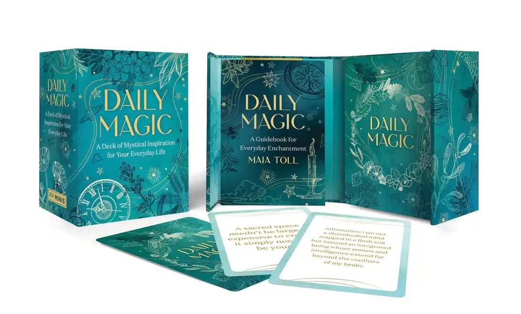 Daily Magic: A Deck of Mystical Inspiration for Your Everyday Life by Maia Toll featuring 100 inspiration cards, guidebook, and magnetic-closure carrying case displayed open with selected cards visible. — for Carpe Diem Dream