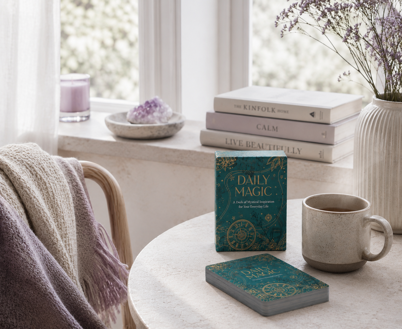 Daily Magic inspiration deck by Maia Toll resting within a bright, intentional morning sanctuary with tea, soft textiles, and gentle natural light, evoking the calm, reflective rhythm of a life guided by mindful daily rituals. — for Carpe Diem Dream