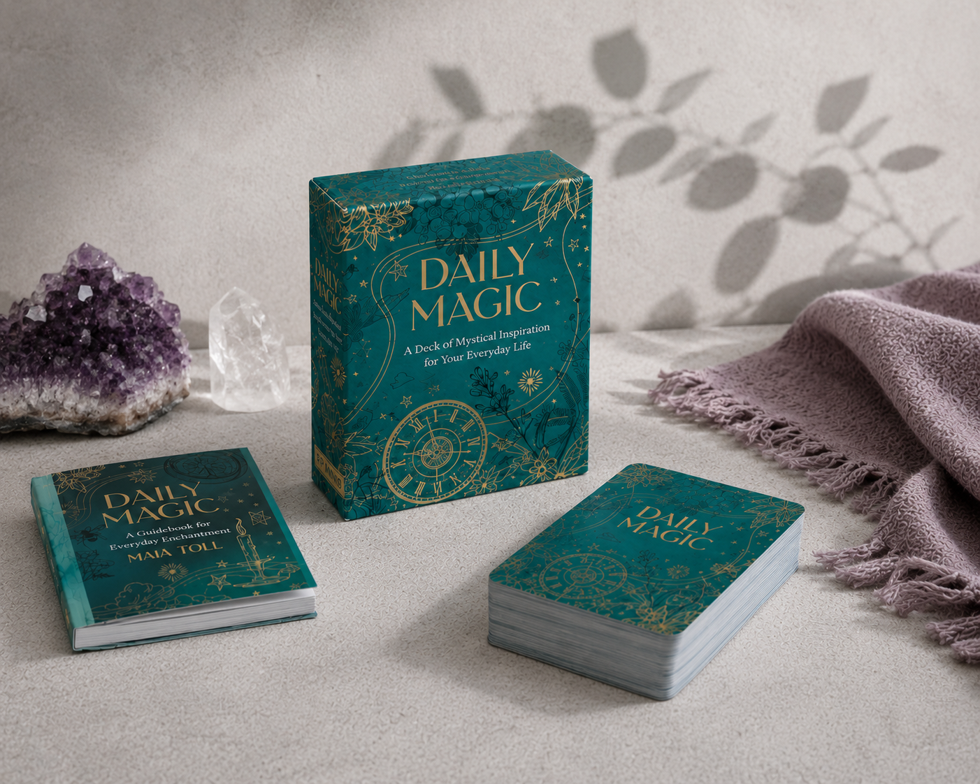 Daily Magic inspiration deck by Maia Toll displayed with its guidebook, card deck, amethyst, clear quartz, mauve textile, and soft botanical shadow in a cool editorial studio setting that reflects the signature Carpe Diem Dream aesthetic. — for Carpe Diem Dream