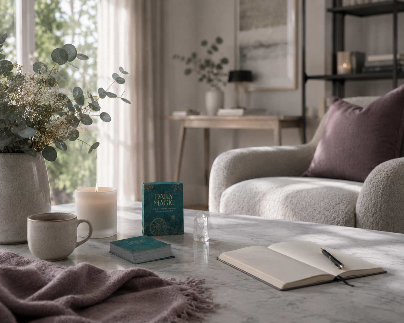 Daily Magic inspiration deck by Maia Toll integrated into a calm, intentional living space with soft natural light, thoughtful décor, and a peaceful daily rhythm, illustrating the mindful and reflective lifestyle the deck supports. — for Carpe Diem Dream