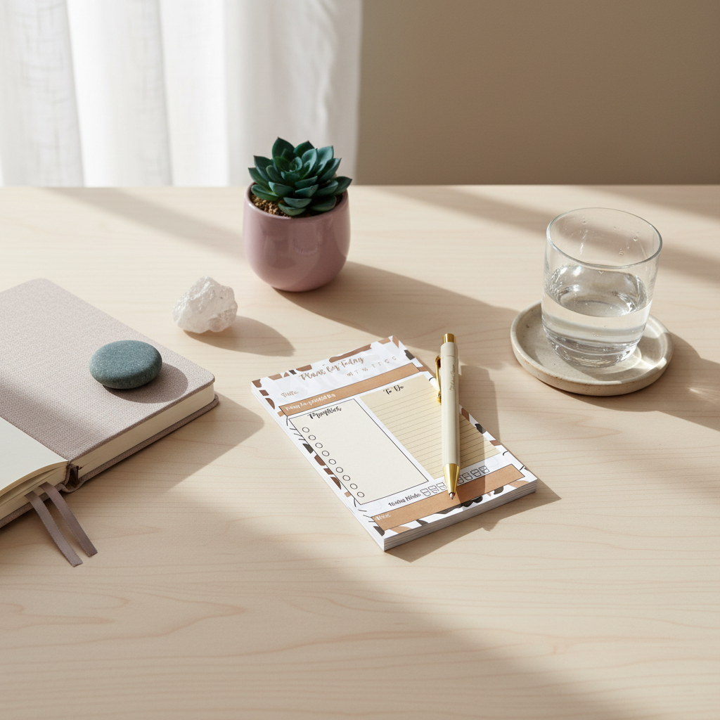 Minimalist 4x6 daily planning sticky notepad with priority and checklist sections styled on a light wood desk beside a blush journal, pen, crystal, and a glass of water in soft natural light. — for Carpe Diem Dream