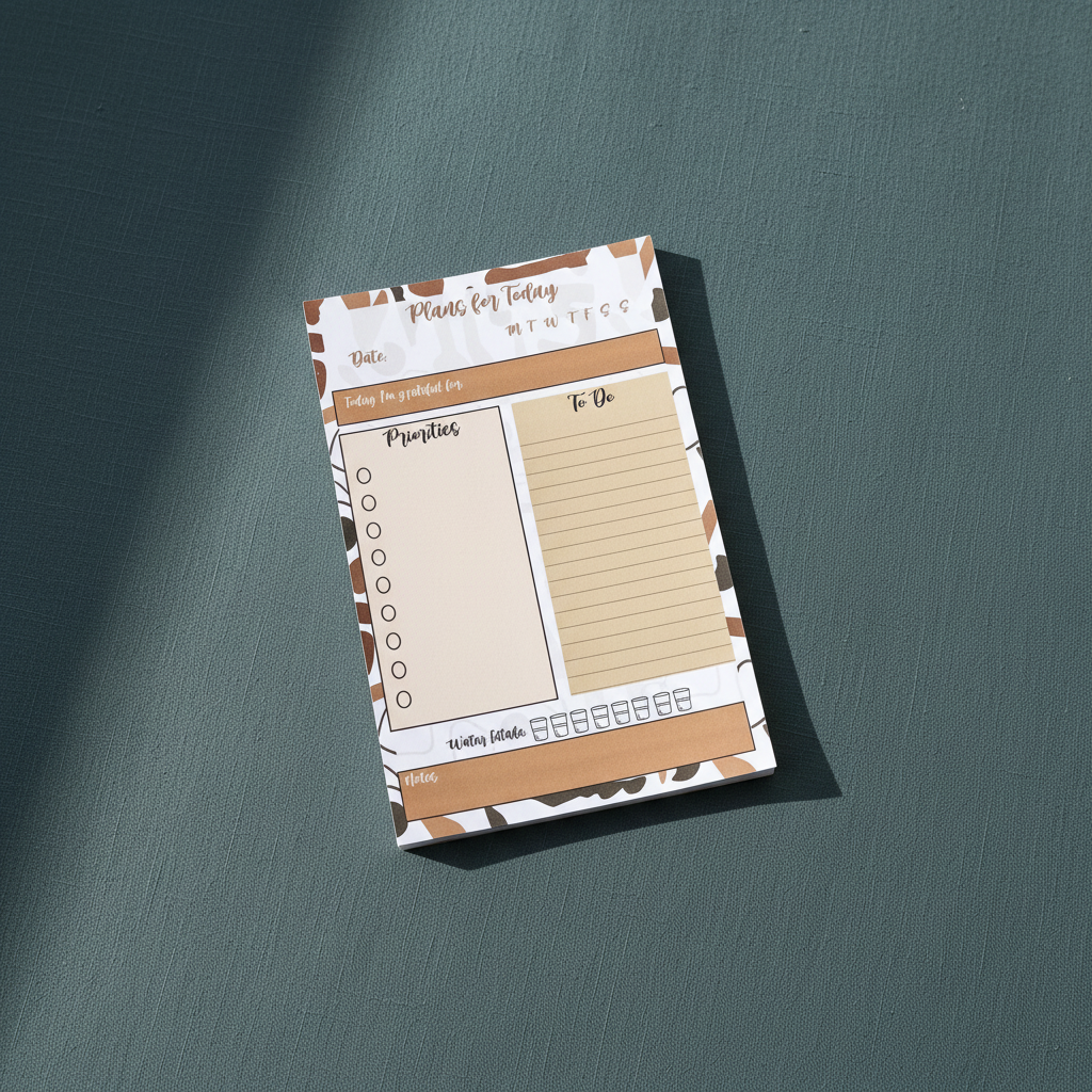 Minimalist 4x6 daily planning sticky notepad with priority, to-do, water intake, and gratitude sections displayed upright on a muted teal textured background. — for Carpe Diem Dream