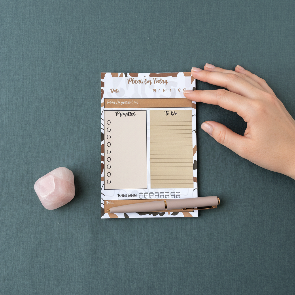 Minimalist 4x6 daily planning sticky notepad with priority and checklist sections shown with a hand for scale beside a blush pen and rose quartz stone on a muted teal background. — for Carpe Diem Dream