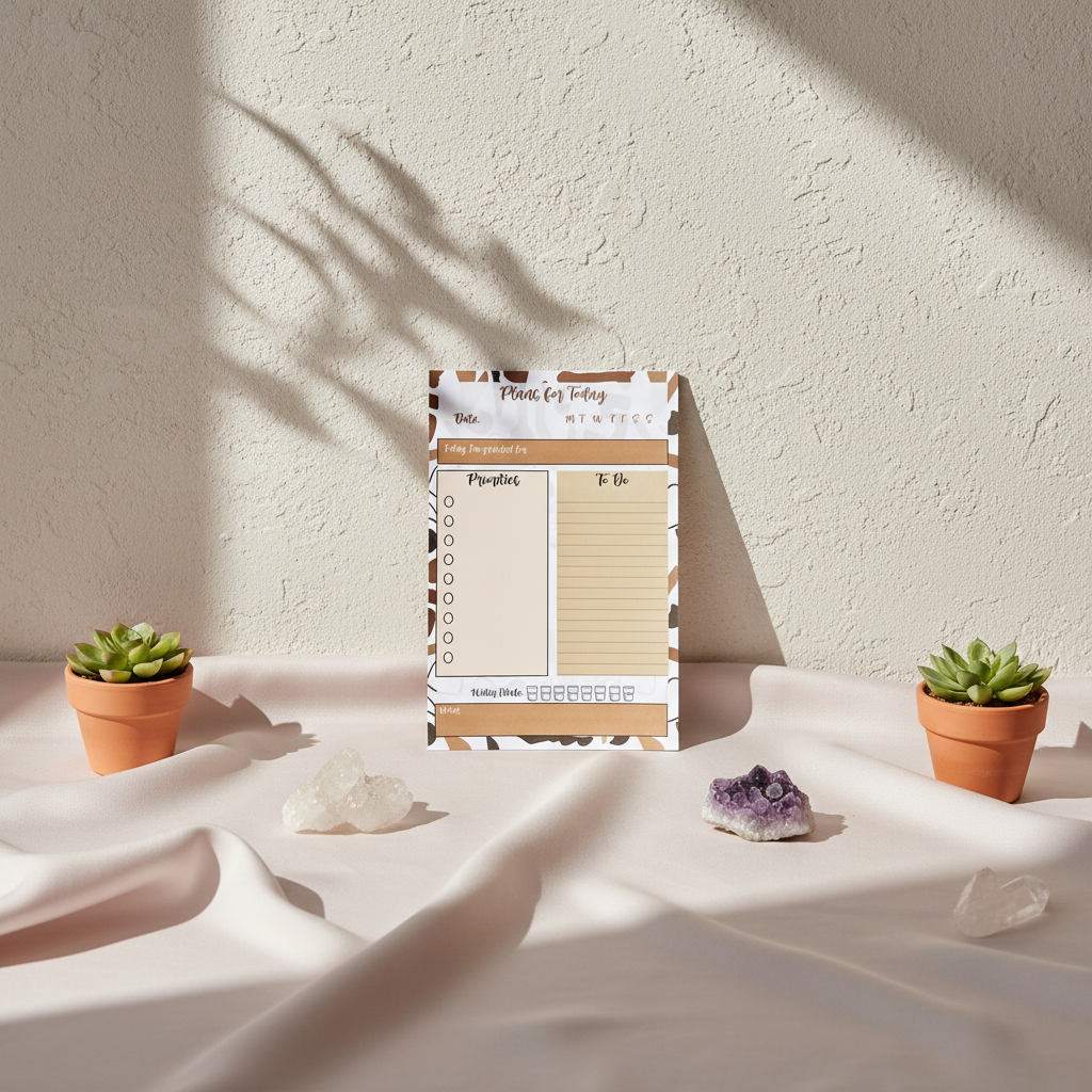Minimalist 4x6 daily planning sticky notepad with priority and checklist sections displayed upright on draped fabric with small potted plants and crystals in soft natural light. — for Carpe Diem Dream