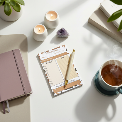 Minimalist 4x6 daily planning sticky notepad with priority and checklist sections styled in an overhead desk scene beside a blush journal, lit candles, amethyst crystal, and a cup of tea in soft natural light. — for Carpe Diem Dream