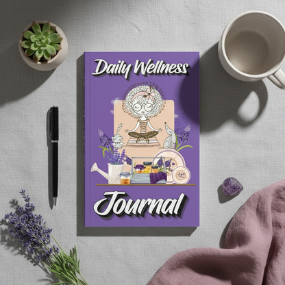 Daily Wellness Journal displayed on a linen surface with lavender, amethyst crystal, coffee mug, pen, and soft mauve textile accents.— for Carpe Diem Dream