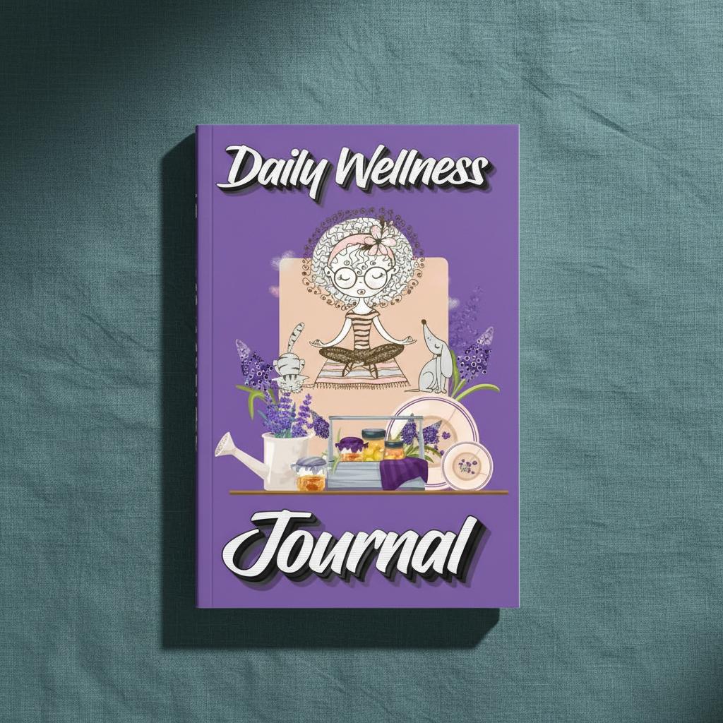 Daily Wellness Journal standing upright on a textured teal linen background with wellness-themed cover artwork fully visible.— for Carpe Diem Dream