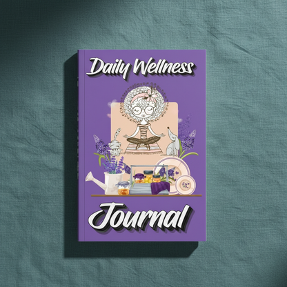 Daily Wellness Journal standing upright on a textured teal linen background with wellness-themed cover artwork fully visible.— for Carpe Diem Dream
