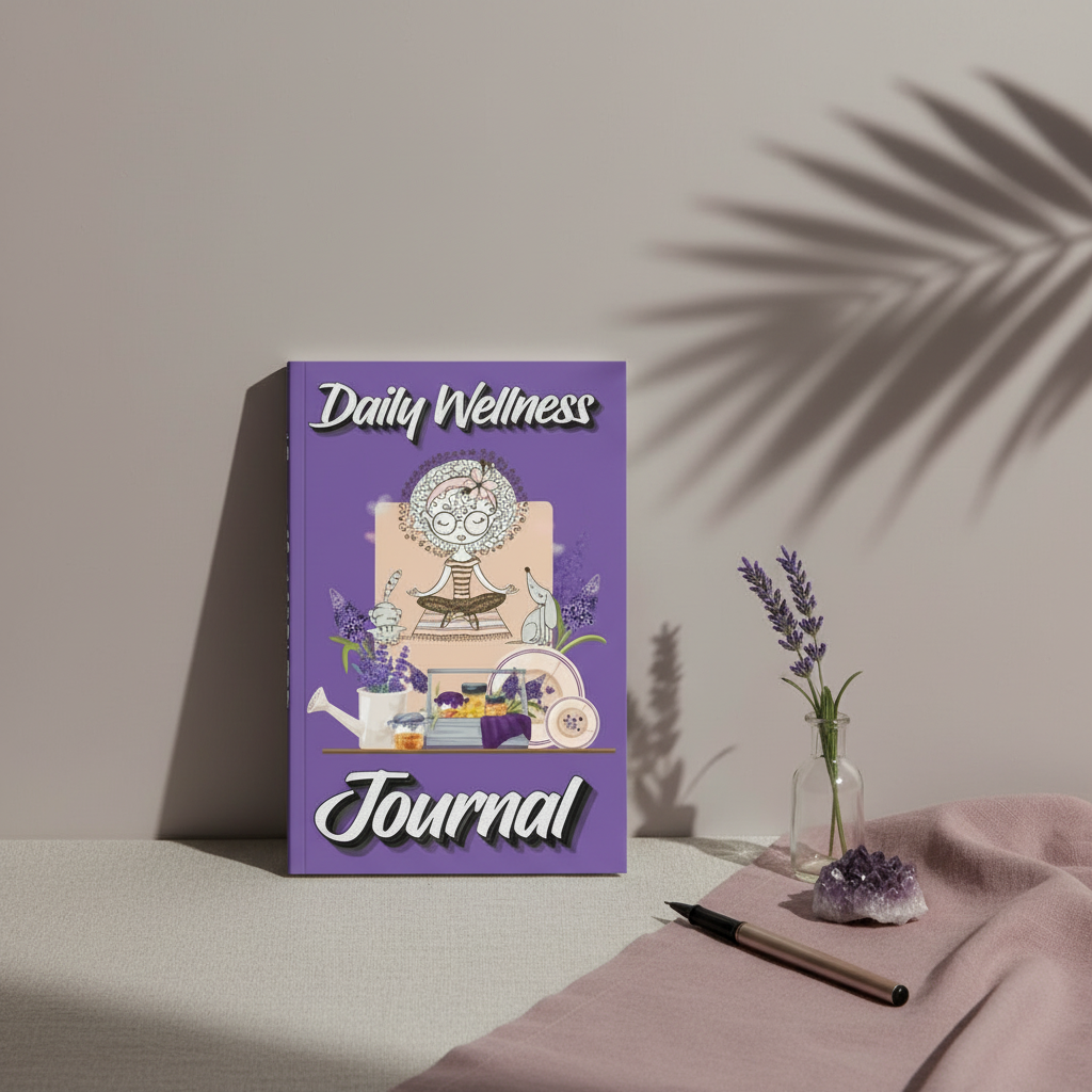 Daily Wellness Journal displayed upright with lavender, amethyst crystal, and soft botanical shadows on a neutral backdrop.— for Carpe Diem Dream