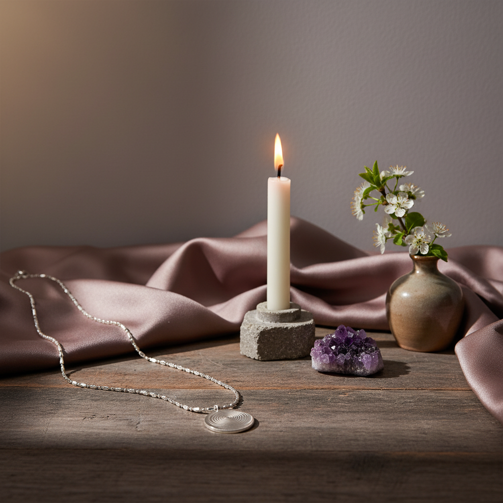 A circular defense pendant necklace with a white textured disc and silver beaded chain resting on a wooden surface beside a candle, soft draped fabric, and a small floral arrangement in warm ambient light. — for Carpe Diem Dream