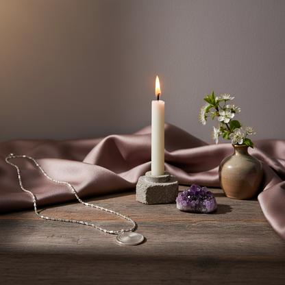 A circular defense pendant necklace with a white textured disc and silver beaded chain resting on a wooden surface beside a candle, soft draped fabric, and a small floral arrangement in warm ambient light. — for Carpe Diem Dream