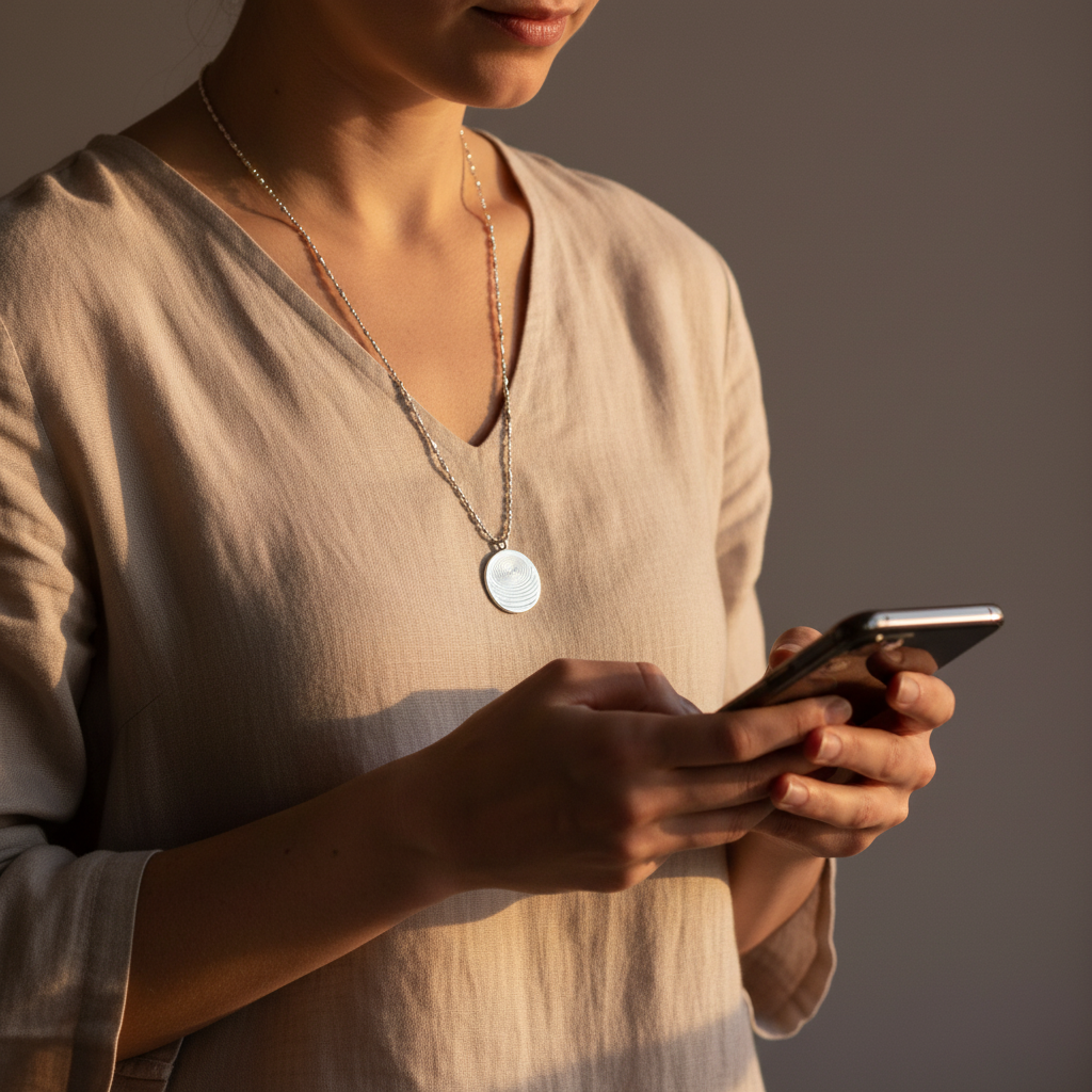 A person wearing a circular defense pendant necklace with a white textured disc and silver beaded chain while using a smartphone, showing everyday wear in soft natural light. — for Carpe Diem Dream
