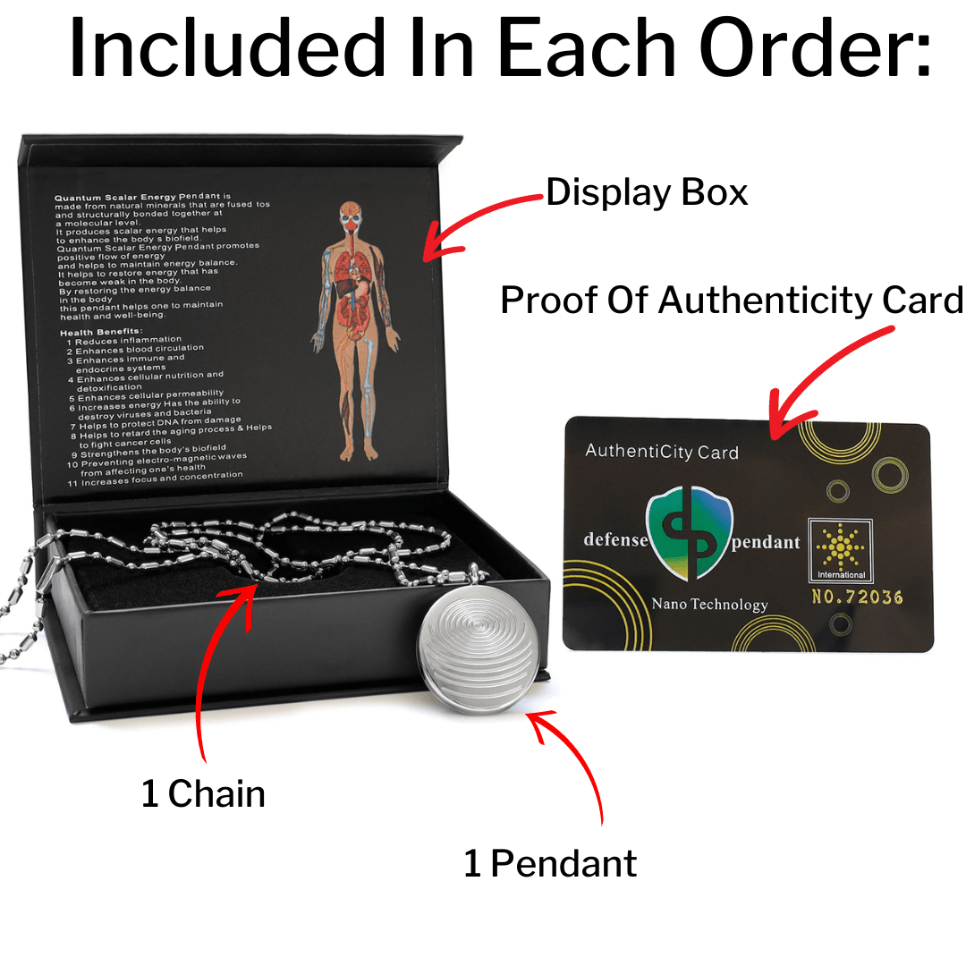 A defense pendant necklace set displayed with an open black presentation box, chain, pendant, and authenticity card labeled to show included items on a white background. — for Carpe Diem Dream