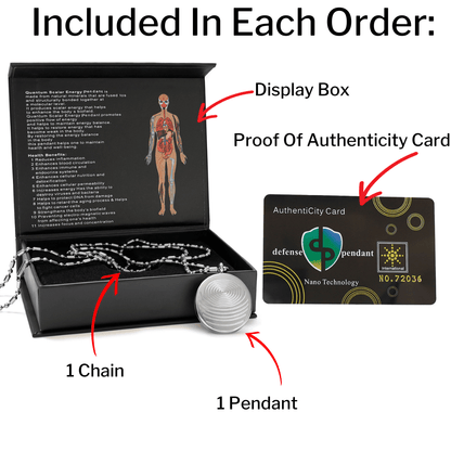 A defense pendant necklace set displayed with an open black presentation box, chain, pendant, and authenticity card labeled to show included items on a white background. — for Carpe Diem Dream