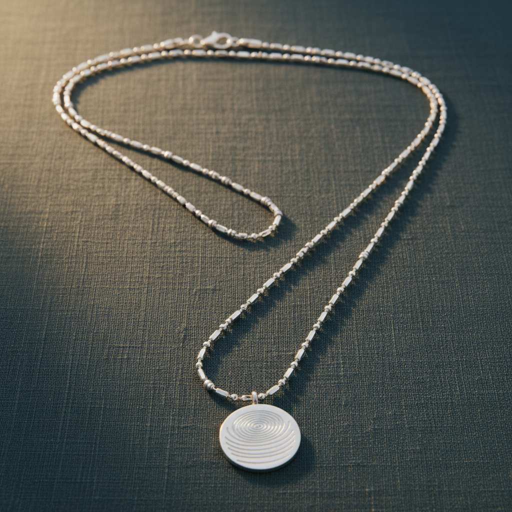 A circular defense pendant necklace with a textured white disc and silver beaded chain displayed on a muted teal linen surface with soft natural lighting. — for Carpe Diem Dream