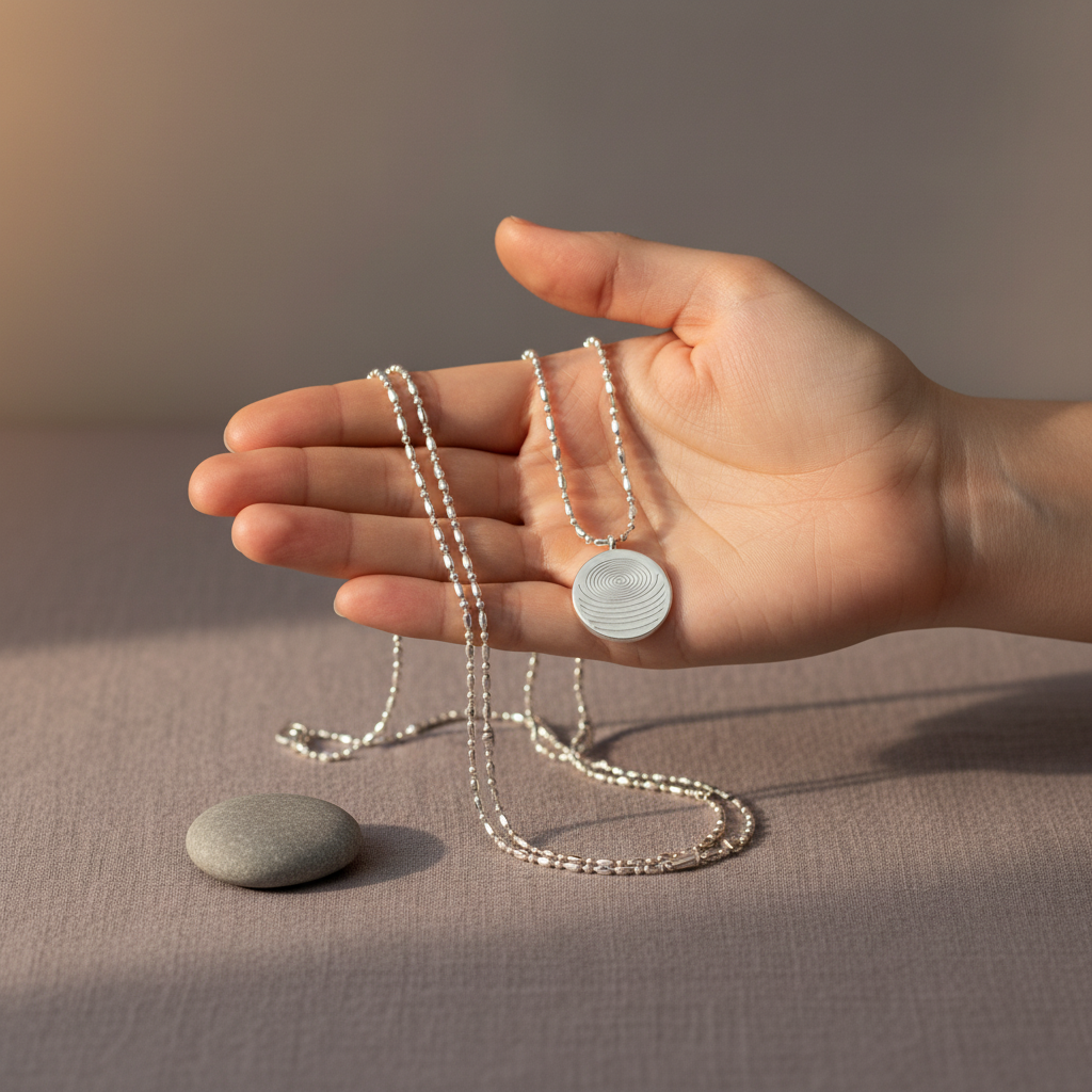 A hand holding a circular defense pendant necklace with a white textured disc and silver beaded chain, showing true size against a neutral linen surface with soft natural lighting. — for Carpe Diem Dream