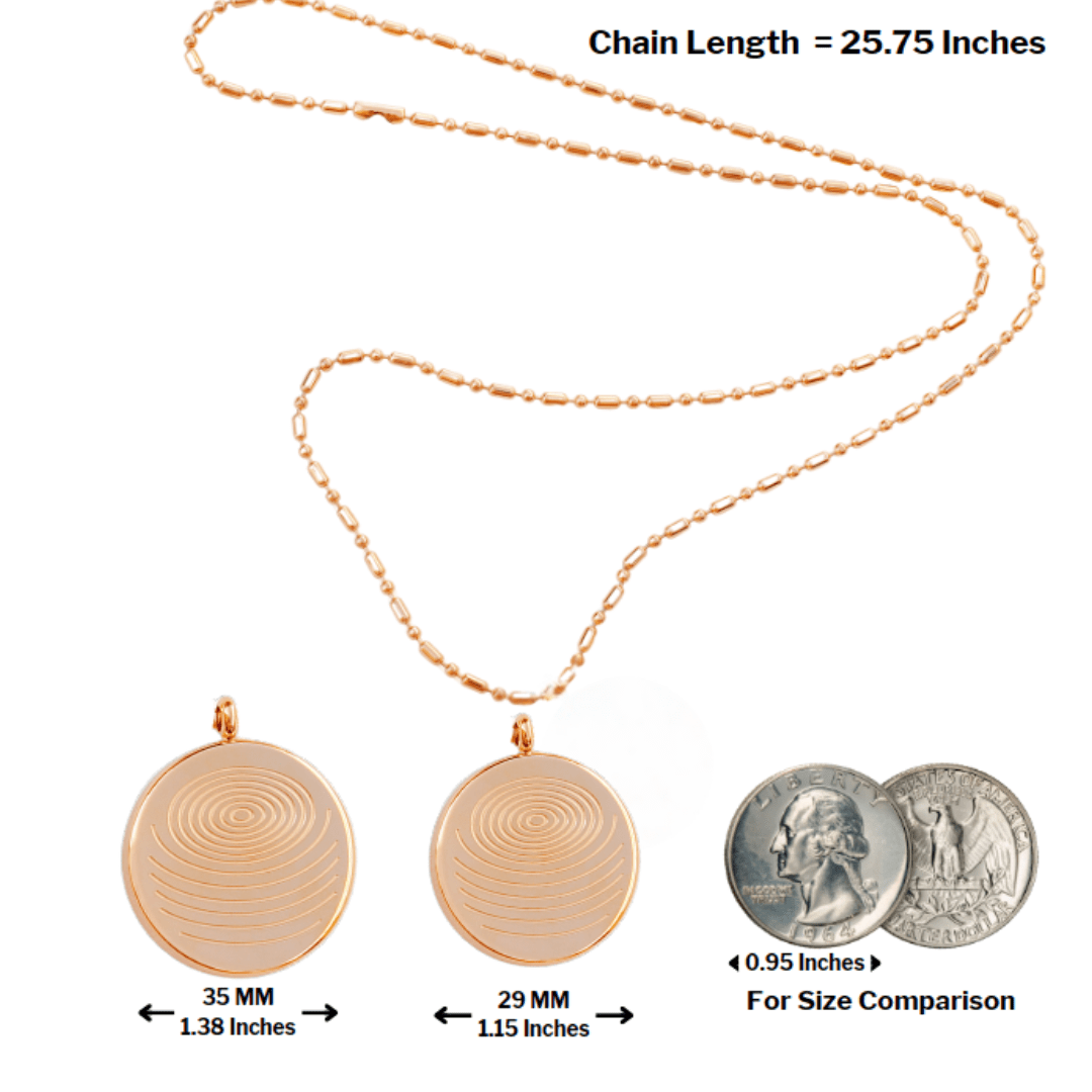 A defense pendant necklace in rose gold displayed with chain length measurement and two pendant size options alongside coin comparisons, showing scale and dimensions on a white background. — for Carpe Diem Dream