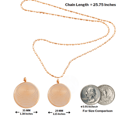 A defense pendant necklace in rose gold displayed with chain length measurement and two pendant size options alongside coin comparisons, showing scale and dimensions on a white background. — for Carpe Diem Dream