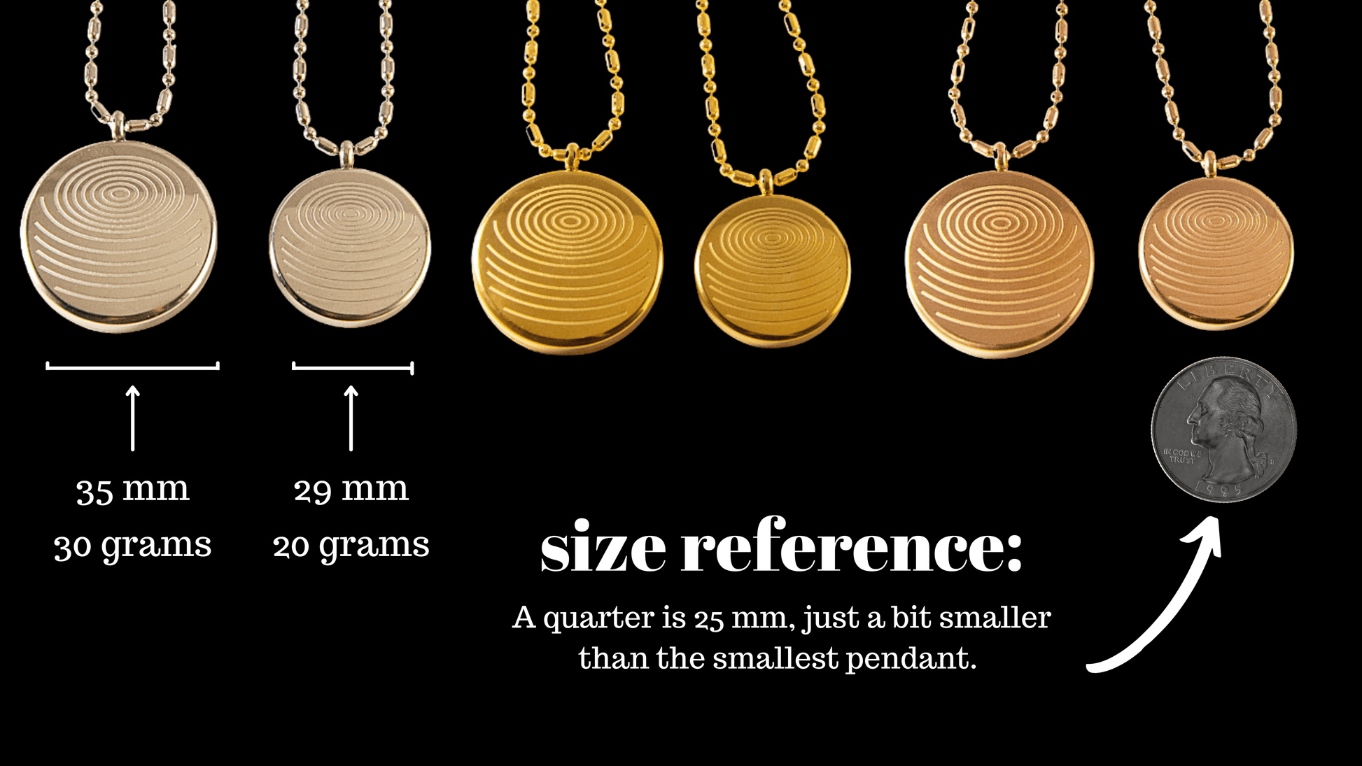 Multiple defense pendant necklaces in silver, gold, and rose gold finishes displayed with size labels showing 35 mm and 29 mm options, weight differences, and a coin comparison for scale on a black background. — for Carpe Diem Dream
