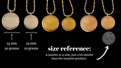 Multiple defense pendant necklaces in silver, gold, and rose gold finishes displayed with size labels showing 35 mm and 29 mm options, weight differences, and a coin comparison for scale on a black background. — for Carpe Diem Dream