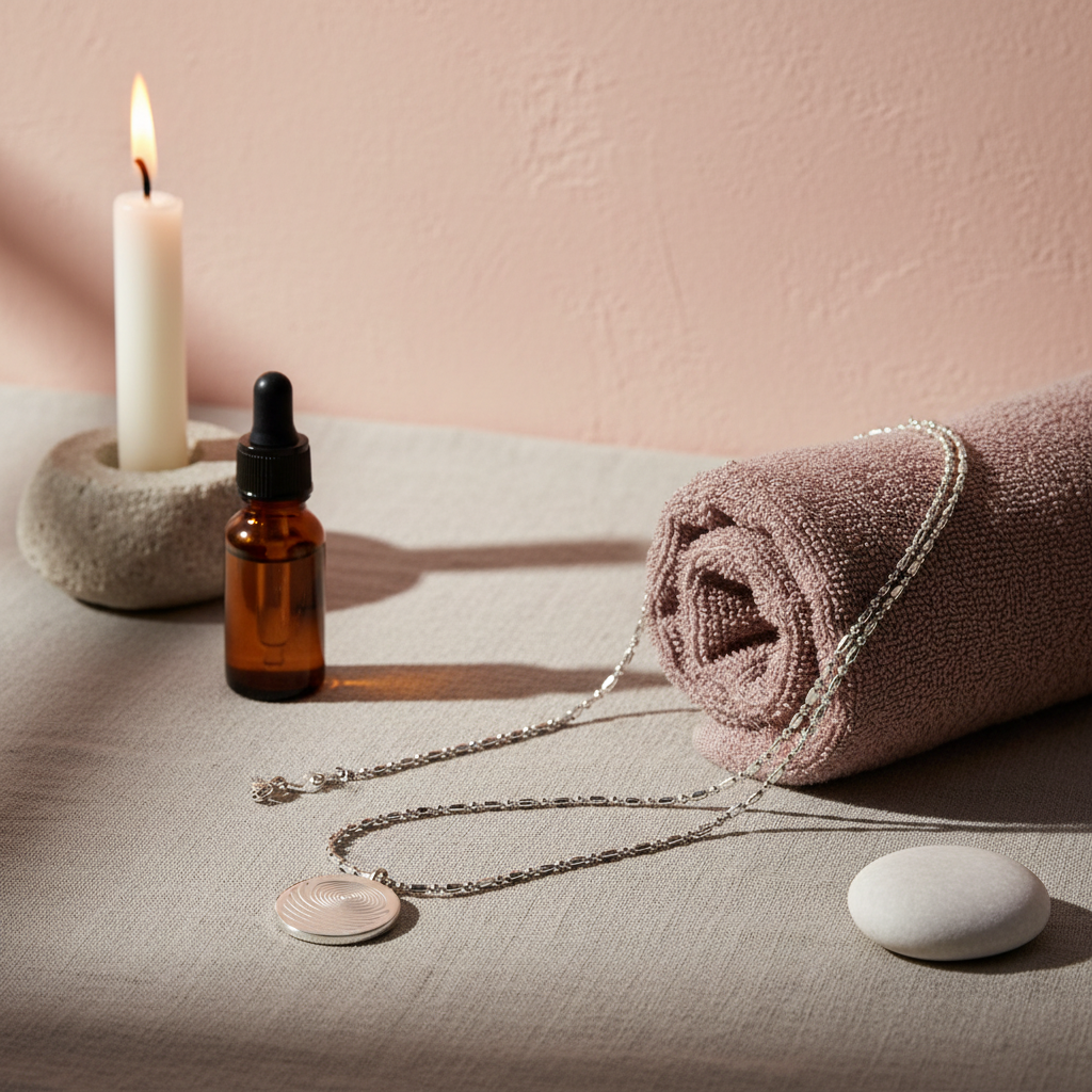 A circular defense pendant necklace with a white textured disc and silver chain resting on linen beside a rolled towel, candle, and amber dropper bottle in a calm spa-inspired setting with soft natural light. — for Carpe Diem Dream