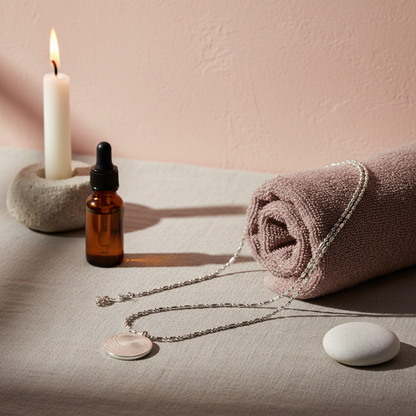 A circular defense pendant necklace with a white textured disc and silver chain resting on linen beside a rolled towel, candle, and amber dropper bottle in a calm spa-inspired setting with soft natural light. — for Carpe Diem Dream