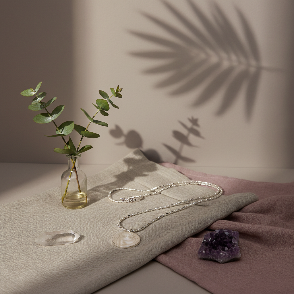 A circular defense pendant necklace with a white textured disc and silver beaded chain resting on layered linen fabric with a small glass vase, greenery, and crystals in soft natural light with botanical shadows. — for Carpe Diem Dream