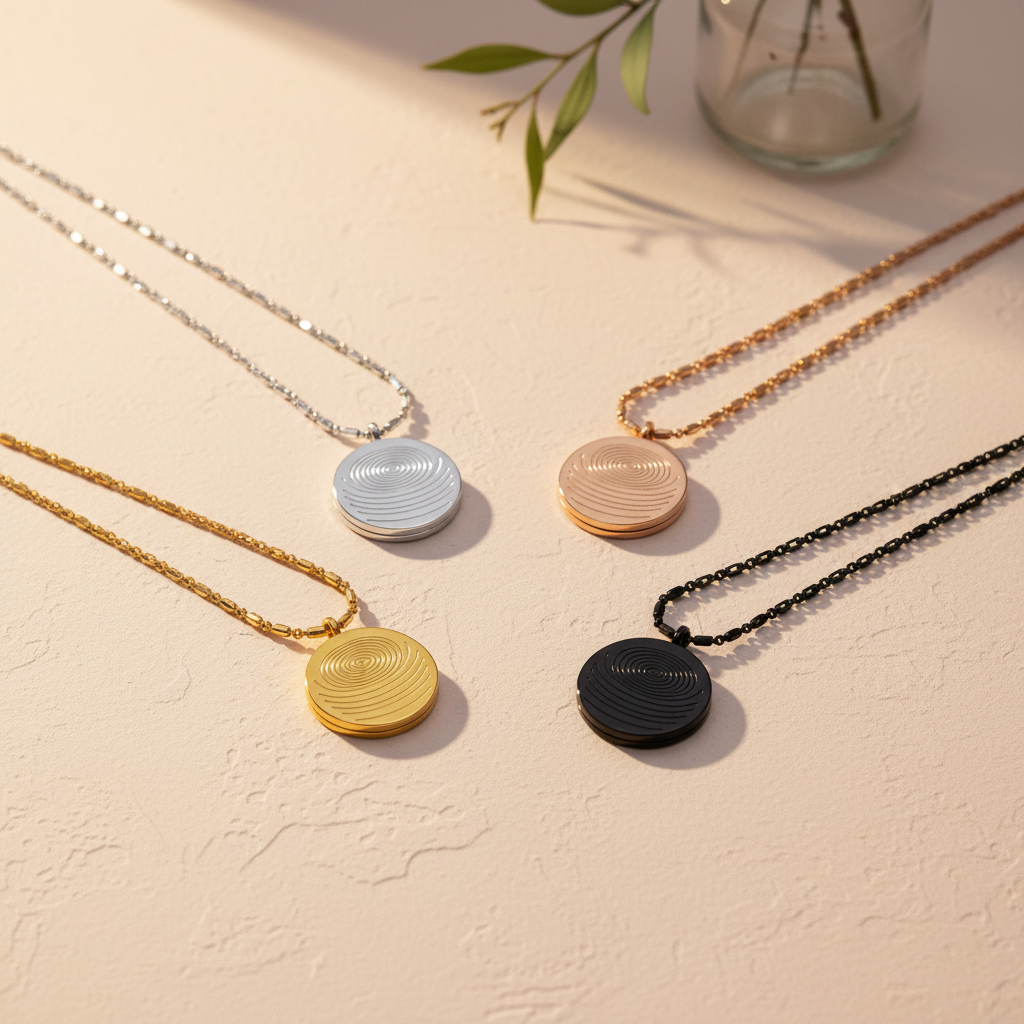 Multiple circular defense pendant necklaces in silver, gold, rose gold, and black finishes with textured discs and matching chains displayed side by side on a neutral surface. — for Carpe Diem Dream