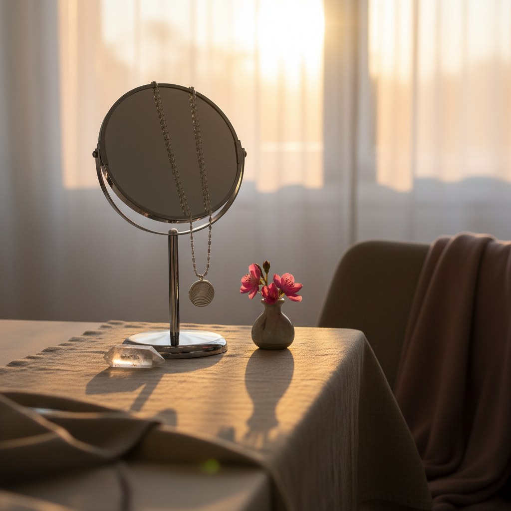 A circular defense pendant necklace with a white textured disc and silver beaded chain hanging from a vanity mirror in warm natural light, creating a calm evening ambiance. — for Carpe Diem Dream