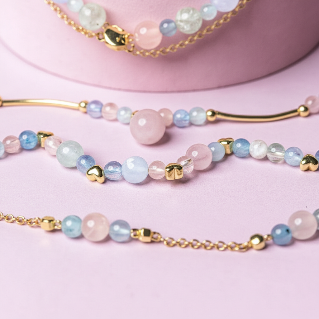Close-up of Aquamarine, Morganite, and Rose Quartz bracelet strands with gold accents styled on a soft pink backdrop. — for Carpe Diem Dream
