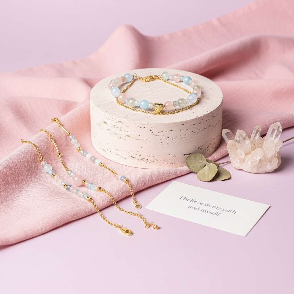 Aquamarine, Morganite, and Rose Quartz bracelet set displayed on travertine stone with pink silk, raw crystal cluster, and affirmation card. — for Carpe Diem Dream