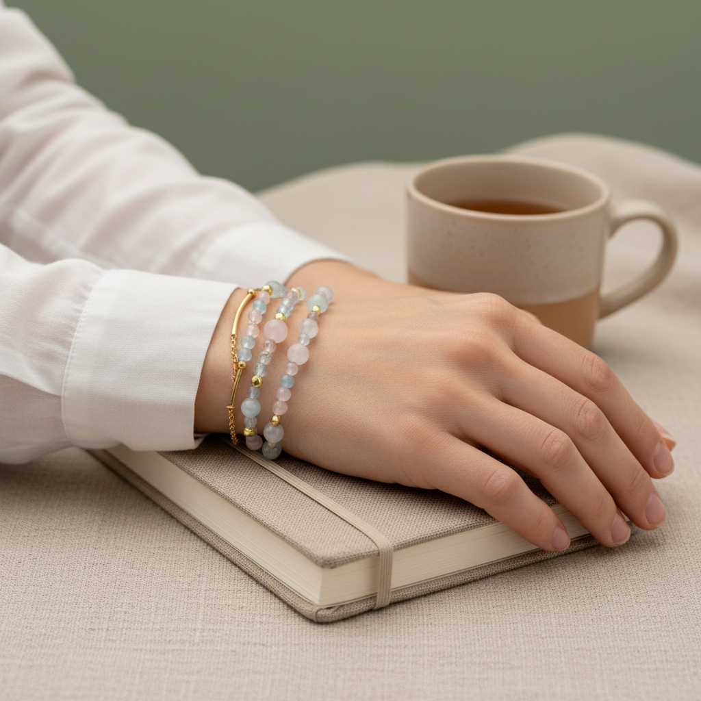 Aquamarine, Morganite, and Rose Quartz bracelet stack worn on wrist while resting on a closed journal beside a ceramic mug. — for Carpe Diem Dream