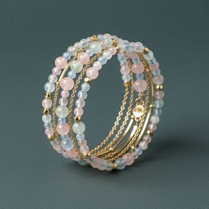 Gemstone bracelet set of Aquamarine, Morganite, and Rose Quartz displayed upright against a muted sage backdrop. — for Carpe Diem Dream