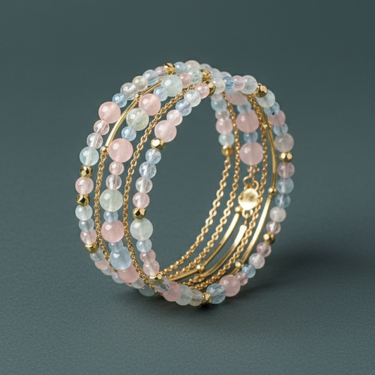 Gemstone bracelet set of Aquamarine, Morganite, and Rose Quartz displayed upright against a muted sage backdrop. — for Carpe Diem Dream