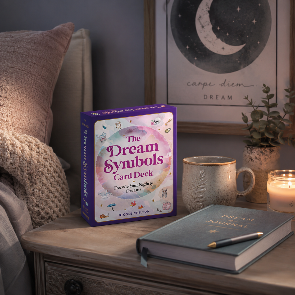 The Dream Symbols Card Deck in a cozy bedside lifestyle setting with a dream journal, mug, candle, and botanical accents — for Carpe Diem Dream.