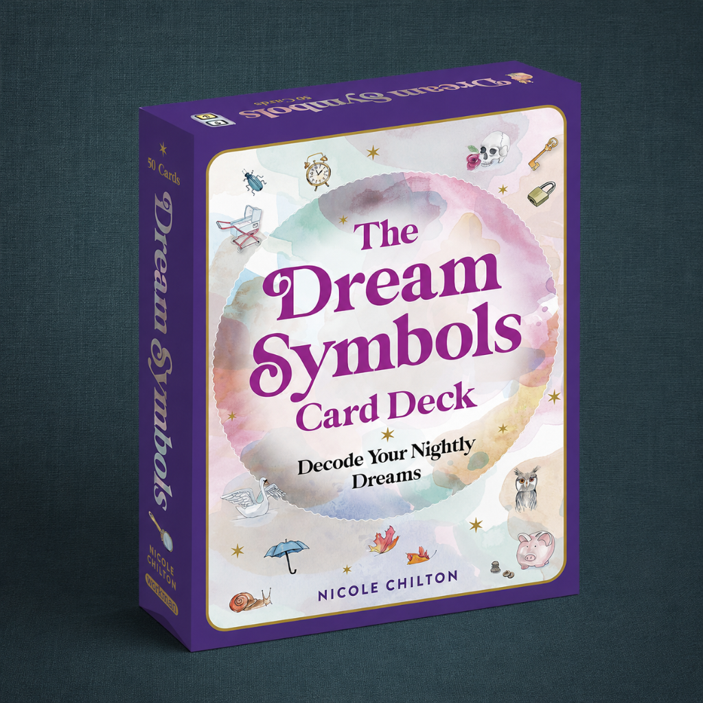 The Dream Symbols Card Deck box on dark teal textured linen — for Carpe Diem Dream.