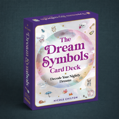The Dream Symbols Card Deck box on dark teal textured linen — for Carpe Diem Dream.