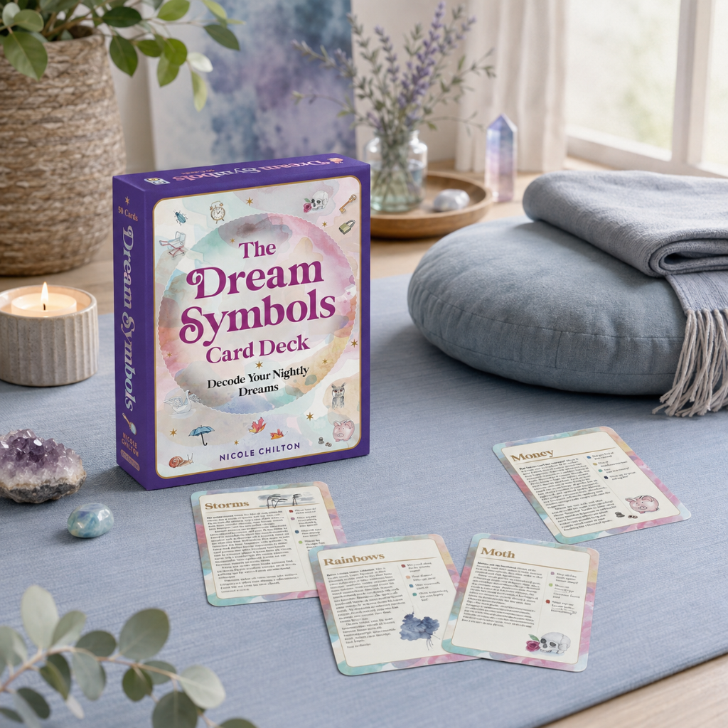 The Dream Symbols Card Deck box with selected dream interpretation cards in a calm meditation and yoga space with cushion, crystal, candle, and botanical accents — for Carpe Diem Dream.