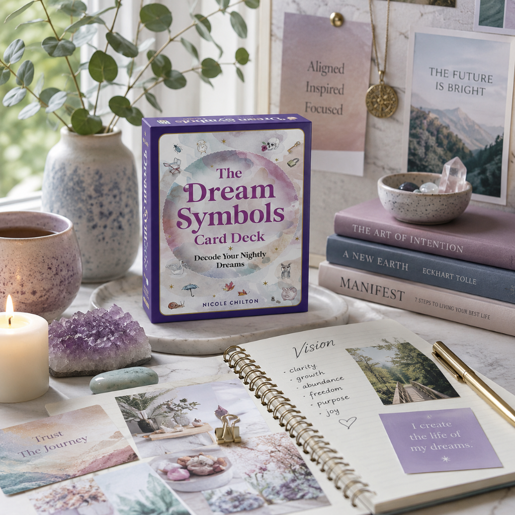 The Dream Symbols Card Deck in a cool-toned vision and intention setting with journal, crystals, candle, botanical accents, and inspiration board — for Carpe Diem Dream.