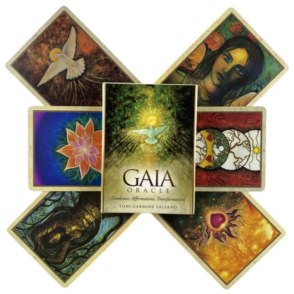 An Earth Alchemy Oracle deck is displayed with the box centered and illustrated cards fanned around it on a clean white background, highlighting the artwork and design. — for Carpe Diem Dream