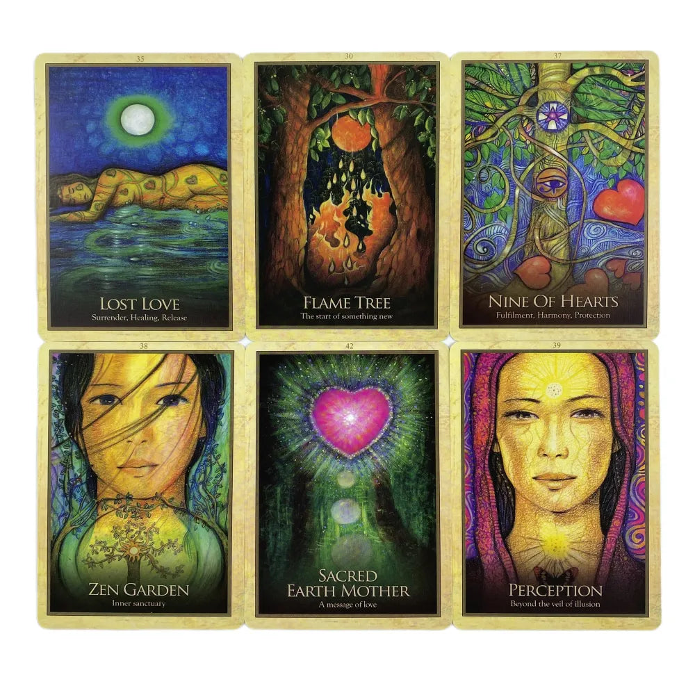 Six Earth Alchemy Oracle cards are displayed in a clean grid layout on a white background, showcasing detailed illustrated artwork and titles. — for Carpe Diem Dream