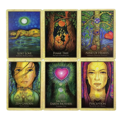 Six Earth Alchemy Oracle cards are displayed in a clean grid layout on a white background, showcasing detailed illustrated artwork and titles. — for Carpe Diem Dream