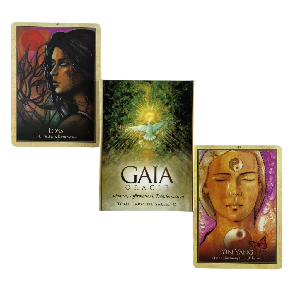 Three Earth Alchemy Oracle cards are displayed with the deck box centered on a white background, highlighting individual artwork and card design details. — for Carpe Diem Dream