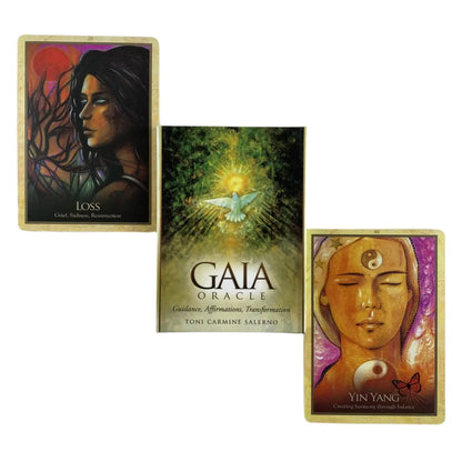 Three Earth Alchemy Oracle cards are displayed with the deck box centered on a white background, highlighting individual artwork and card design details. — for Carpe Diem Dream