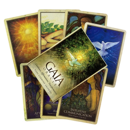 An Earth Alchemy Oracle deck is shown with several illustrated cards layered in a close-up spread on a white background, highlighting detailed artwork and card design. — for Carpe Diem Dream