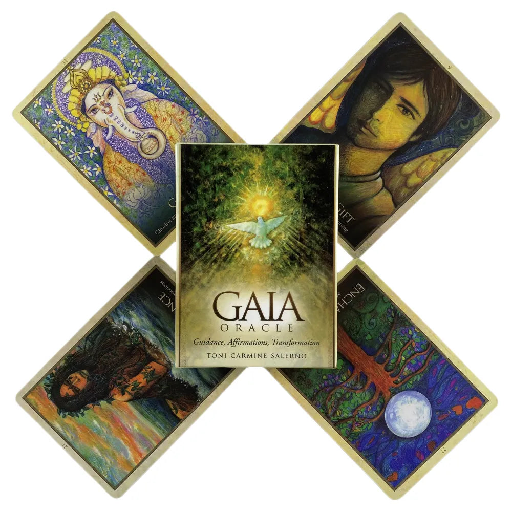 An Earth Alchemy Oracle deck box is centered with illustrated cards arranged in a cross-style spread on a white background, highlighting the artwork and overall deck design. — for Carpe Diem Dream