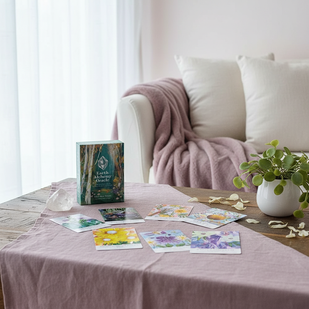 An Earth Alchemy Oracle Deck box with several illustrated cards displayed on a soft linen surface beside a crystal and plant in a calm, styled home setting. — for Carpe Diem Dream