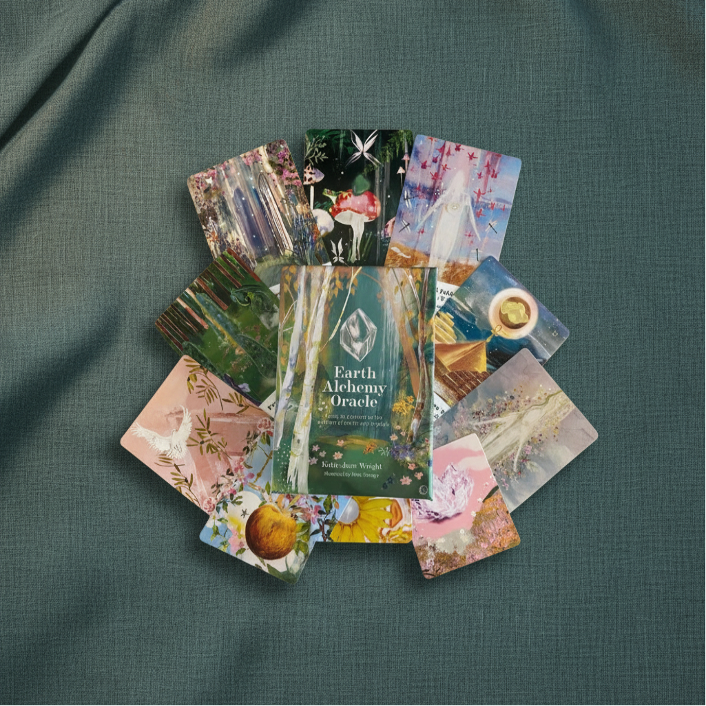 An Earth Alchemy Oracle Deck box with illustrated cards arranged in a circular spread is centered on a deep teal textured background. — for Carpe Diem Dream