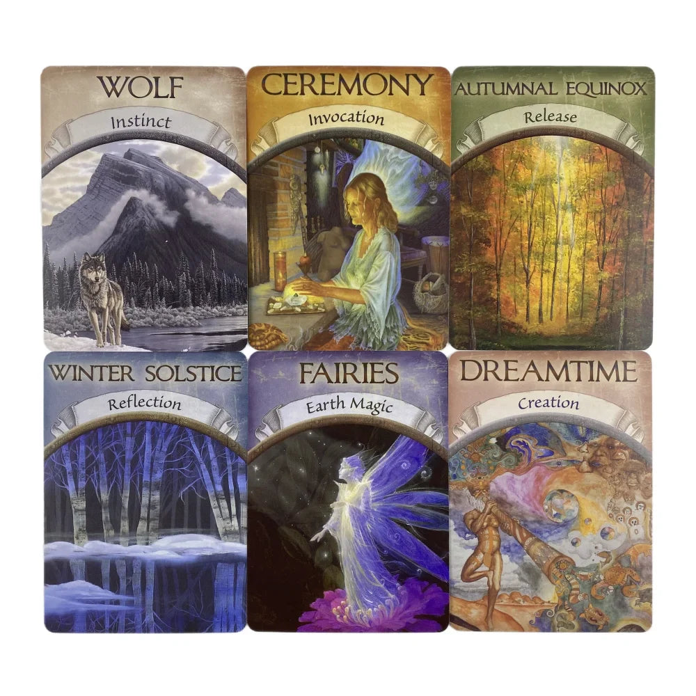 A six-card spread of Earth Magic Oracle Cards by Steven D. Farmer featuring illustrated designs such as Wolf, Ceremony, Autumnal Equinox, Winter Solstice, Fairies, and Dreamtime on a clean background. — for Carpe Diem Dream